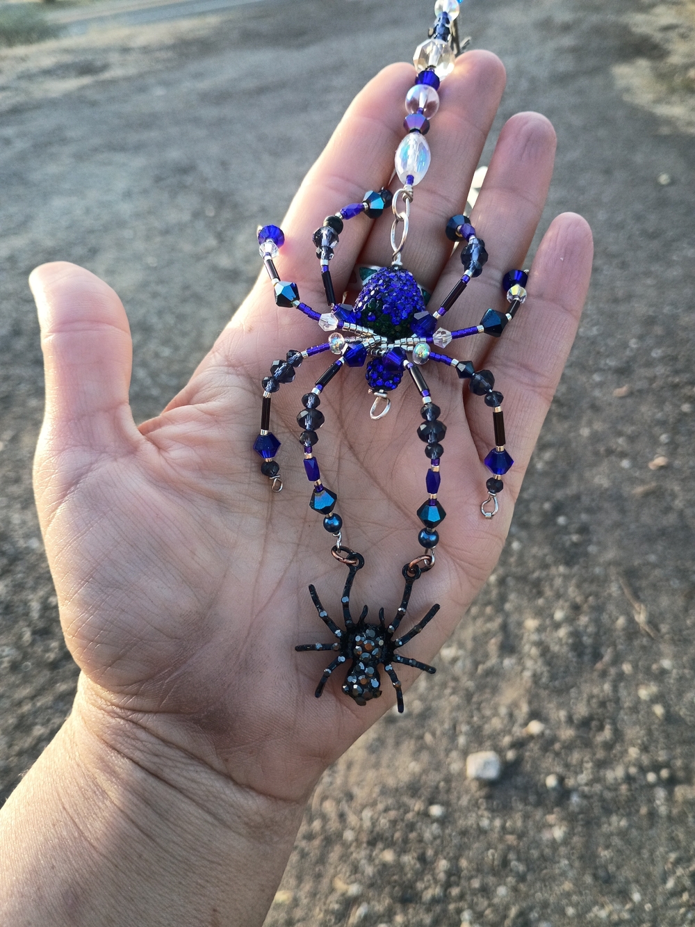 Sparkling Blue Beaded Spider Hanging Ornament - Decorative Home Accent